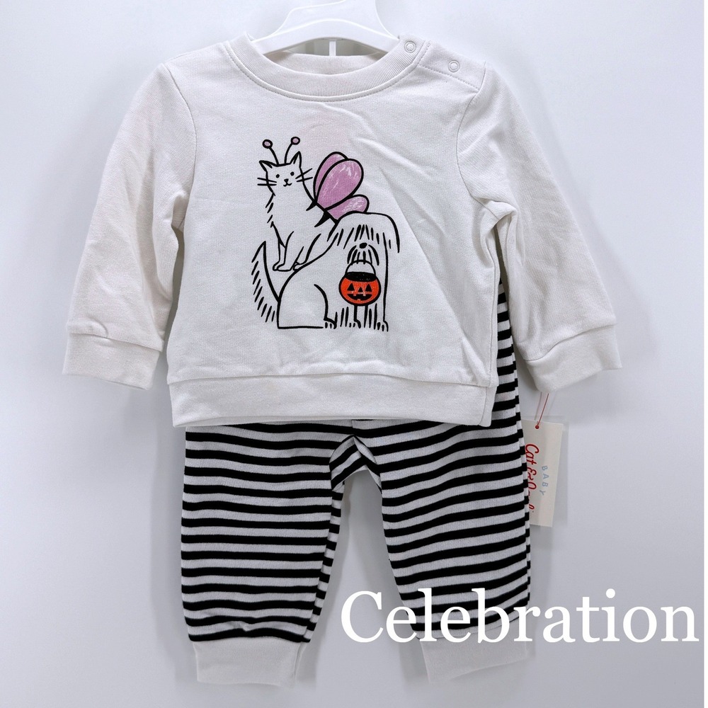 Cat & Jack Baby 2pc Halloween 3-6M Sweatshirt and Striped Joggers Set Off White